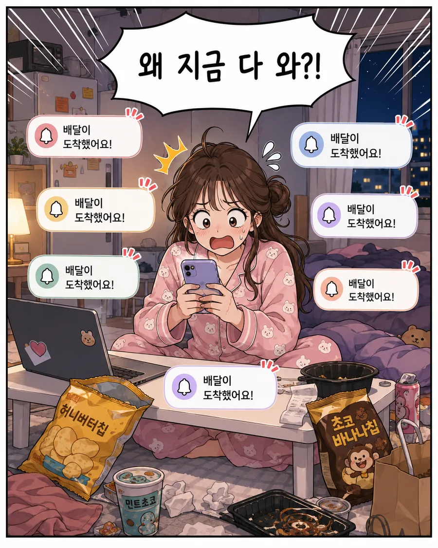 배달 알림 7개가 동시에 울린 자취방 컷
