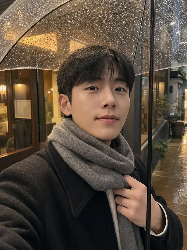 비 오는 날 카페 앞 남성 스냅