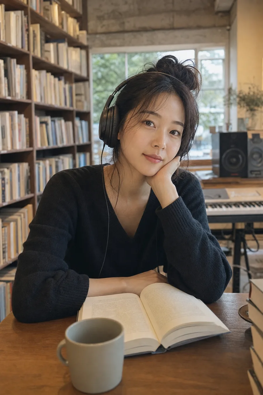 독립서점 책장 앞 담백한 스레드 썸네일