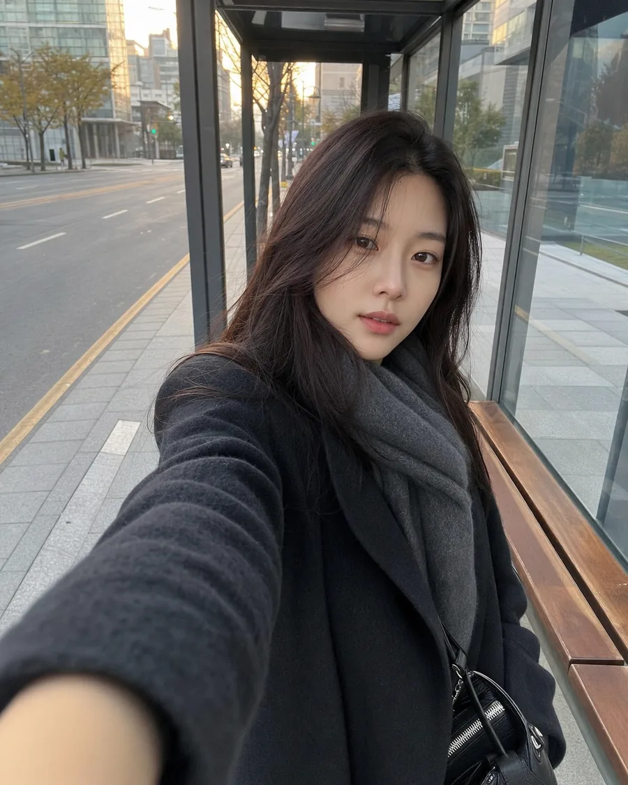 네온 버스정류장 셀카
