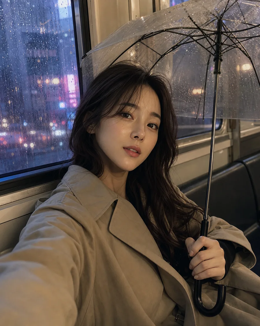 비 오는 새벽 지하철 셀카