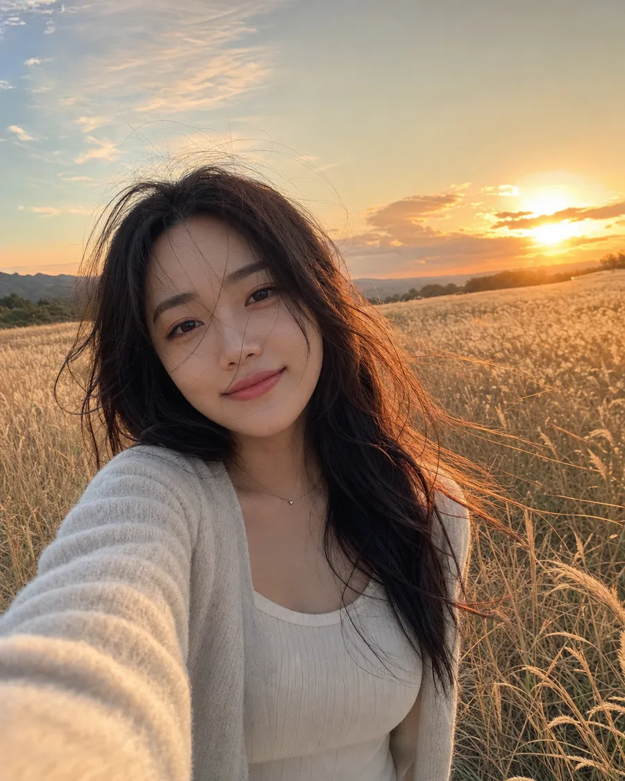 네온빛 밤 들판 셀피