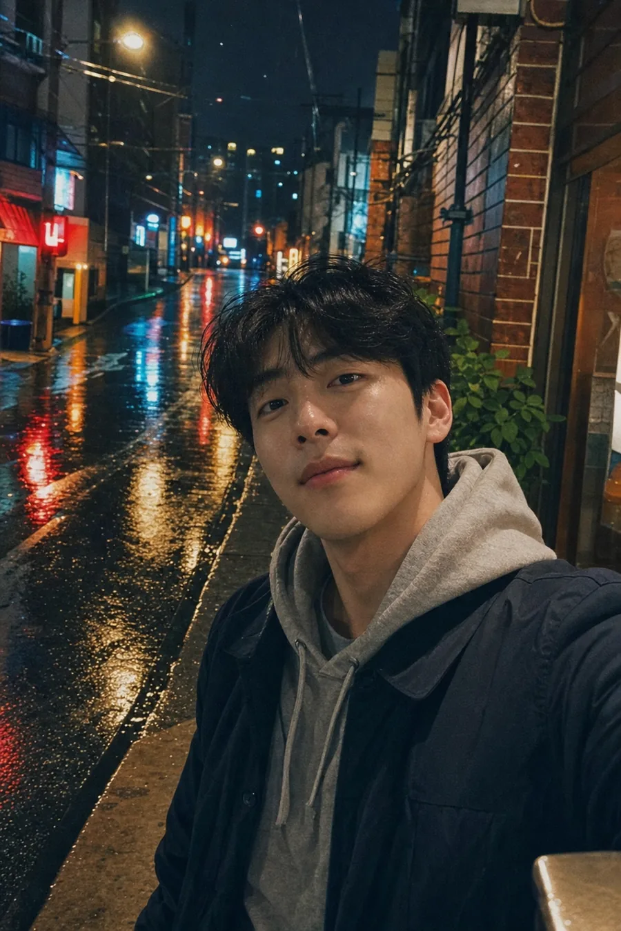 비 내리는 밤 골목 셀카
