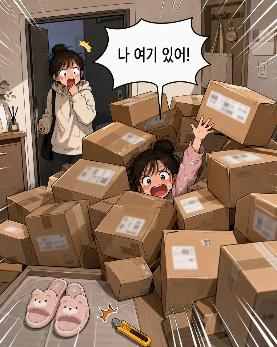 택배 상자 산에서 구조 요청 컷