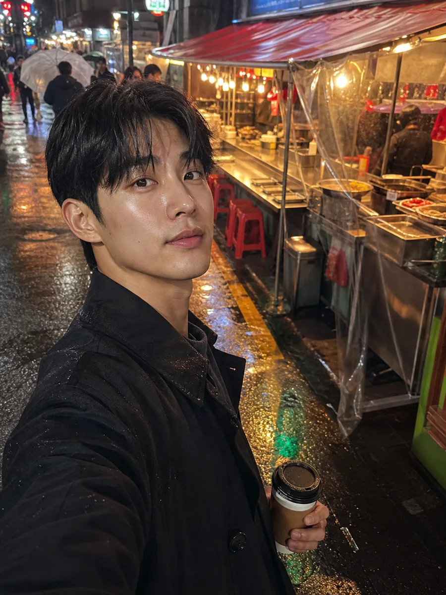 비 내리는 포차 셀피