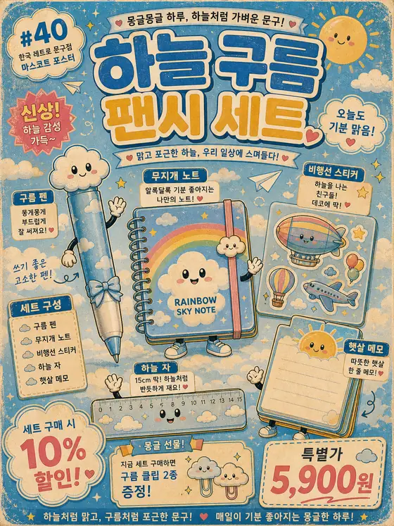 한국 레트로 문구점 마스코트 포스터 #40 - 하늘 구름 팬시 세트