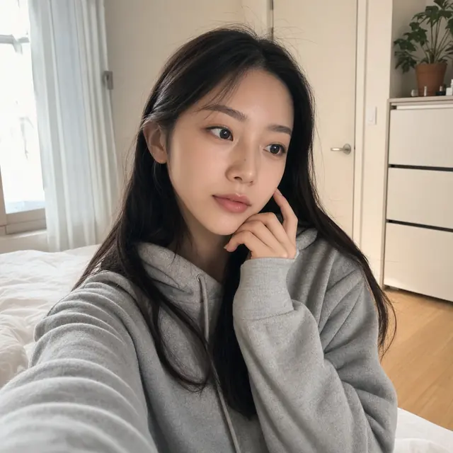 햇살 스며든 침실 셀피