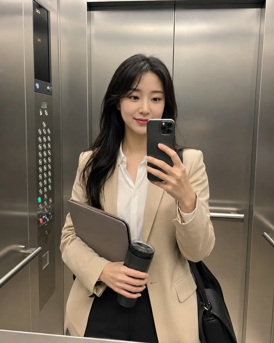 아침 엘리베이터 거울 출근 셀카