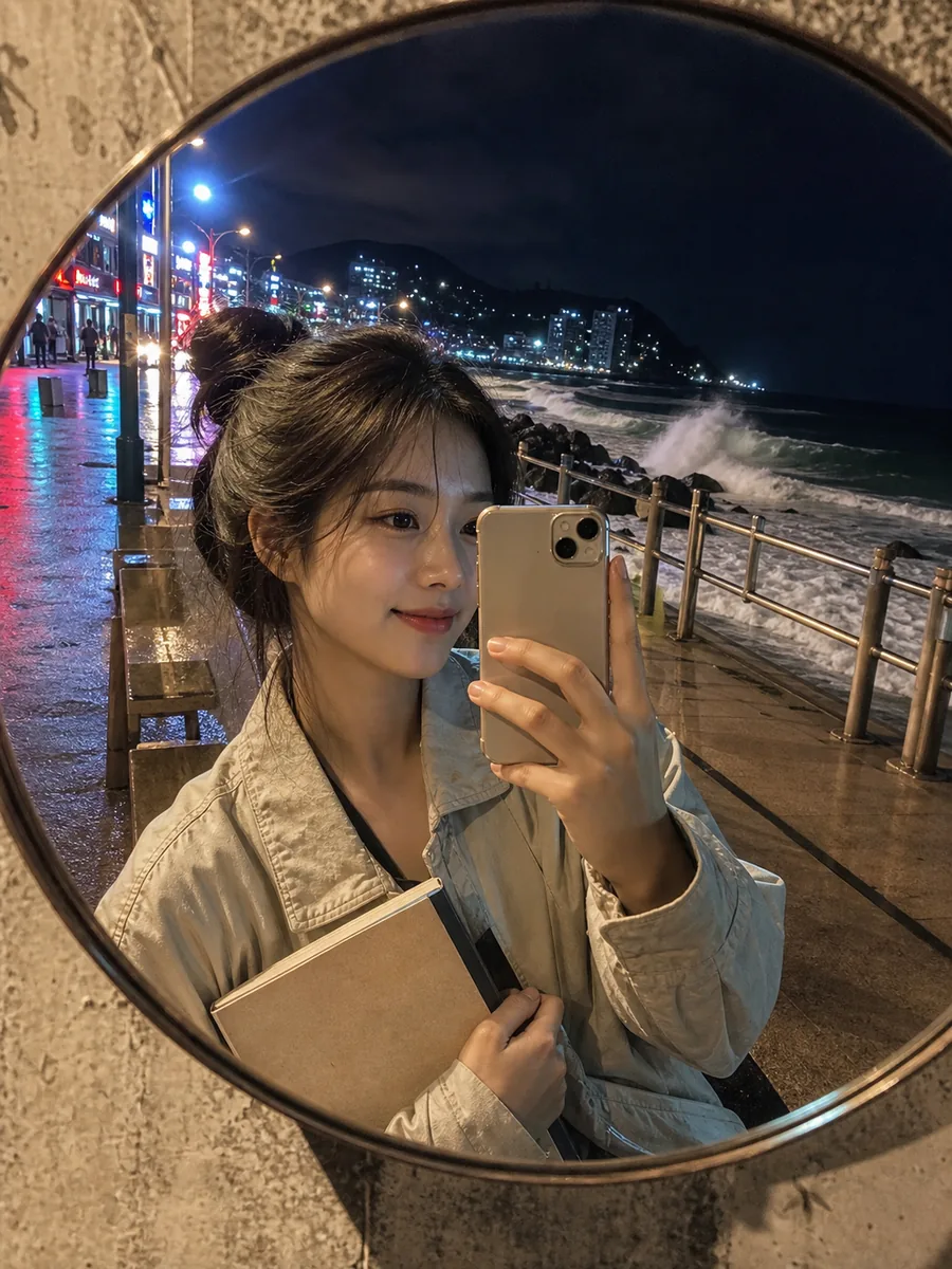 해변의 밤 거울 셀피