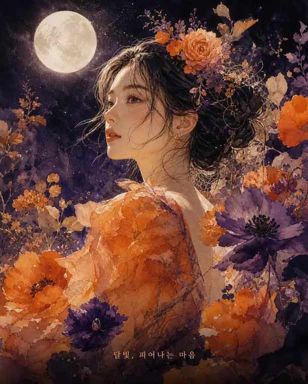 수채화 꽃 인물 일러스트