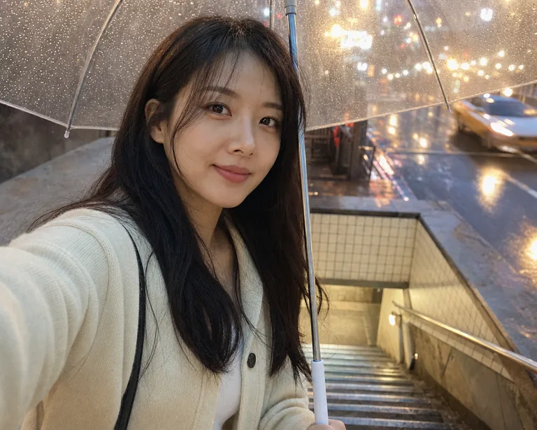 우산 속 밤거리 셀카