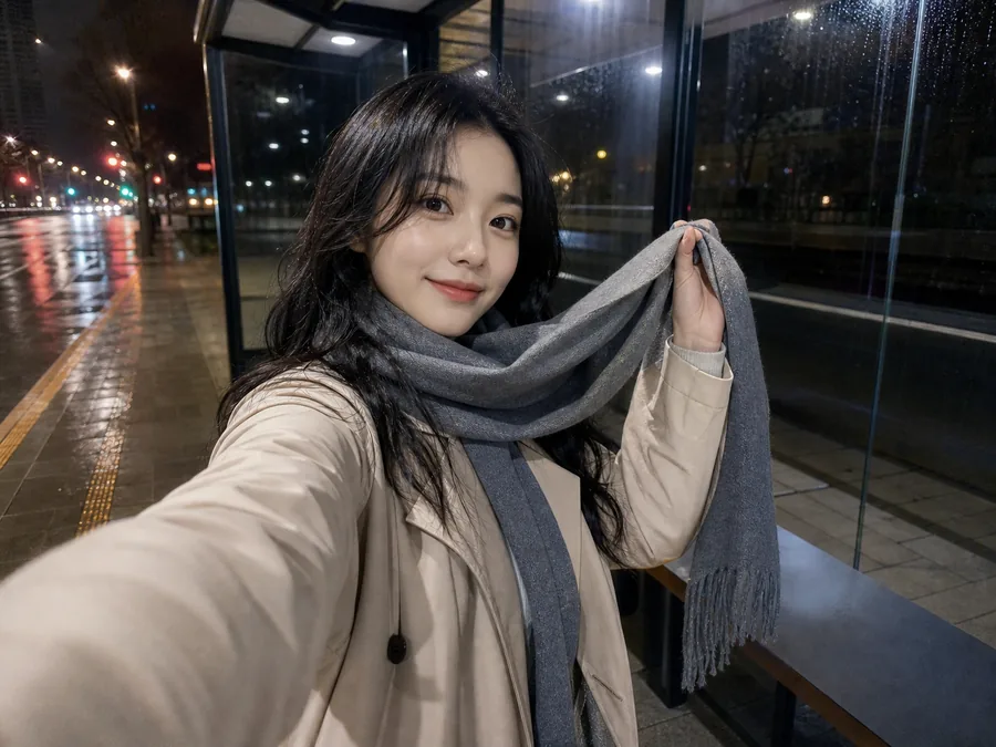 밤 버스정류장 셀카