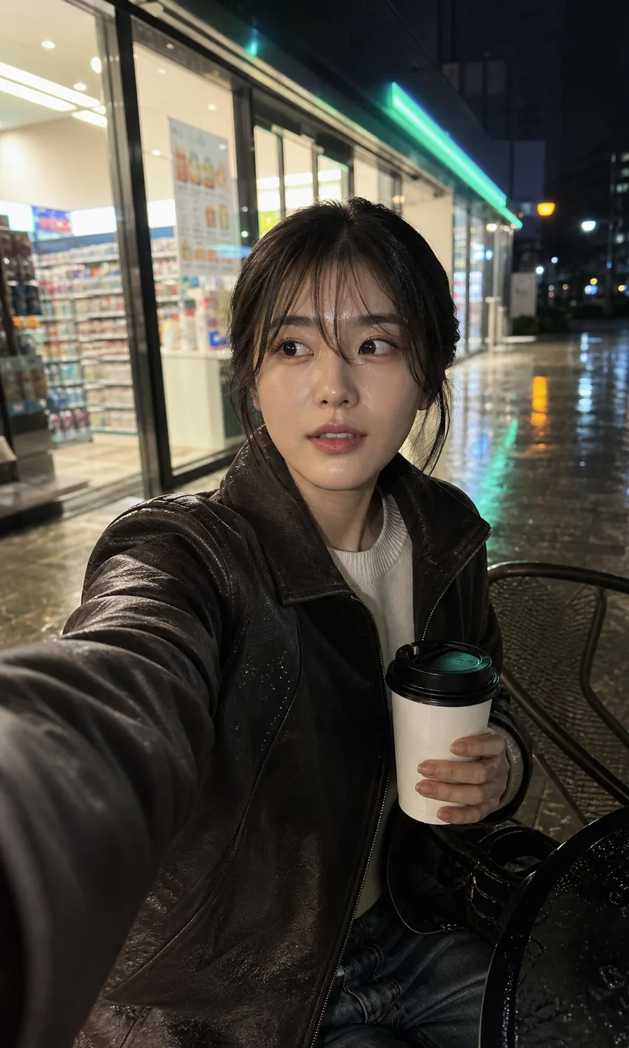 네온 불빛 아래 편의점 셀피