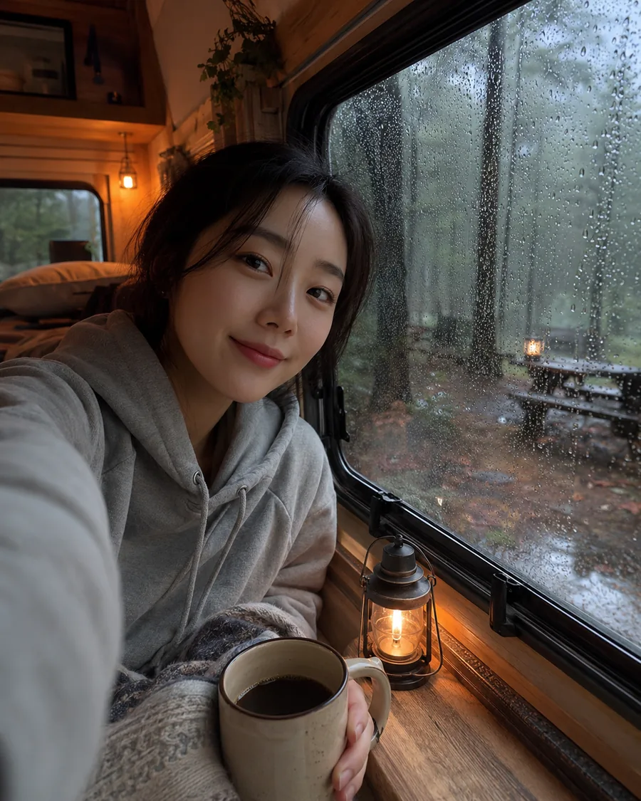 캠핑카 빗속 감성