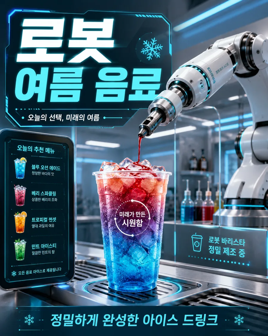 로봇 바리스타 여름 아이스 음료 포스터