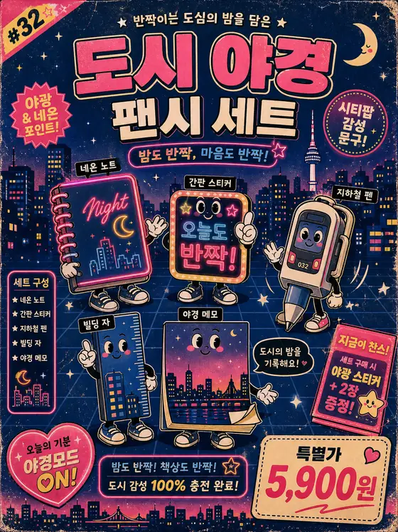 한국 레트로 문구점 마스코트 포스터 #32 - 도시 야경 팬시 세트