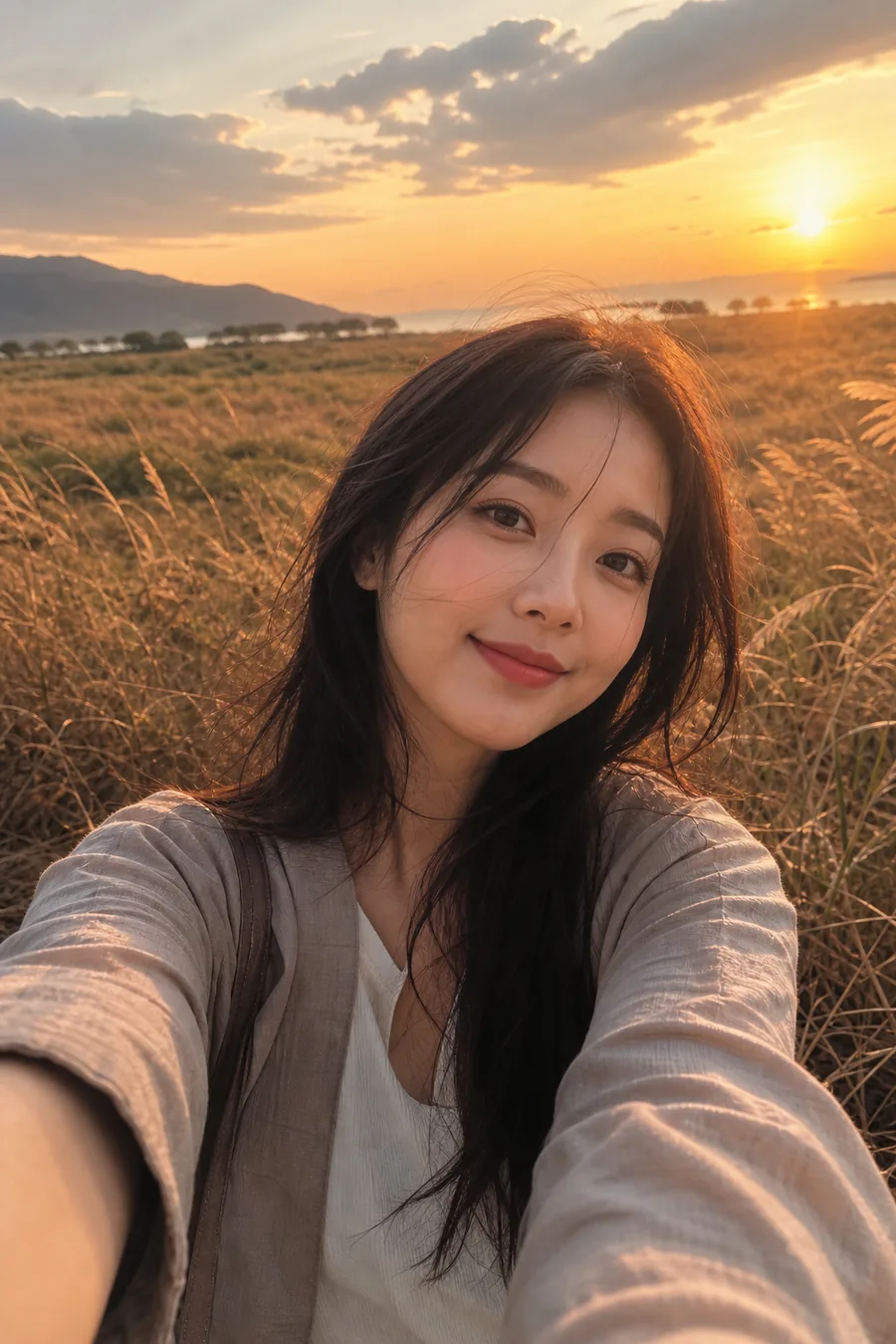 노을 들판 여행 셀카